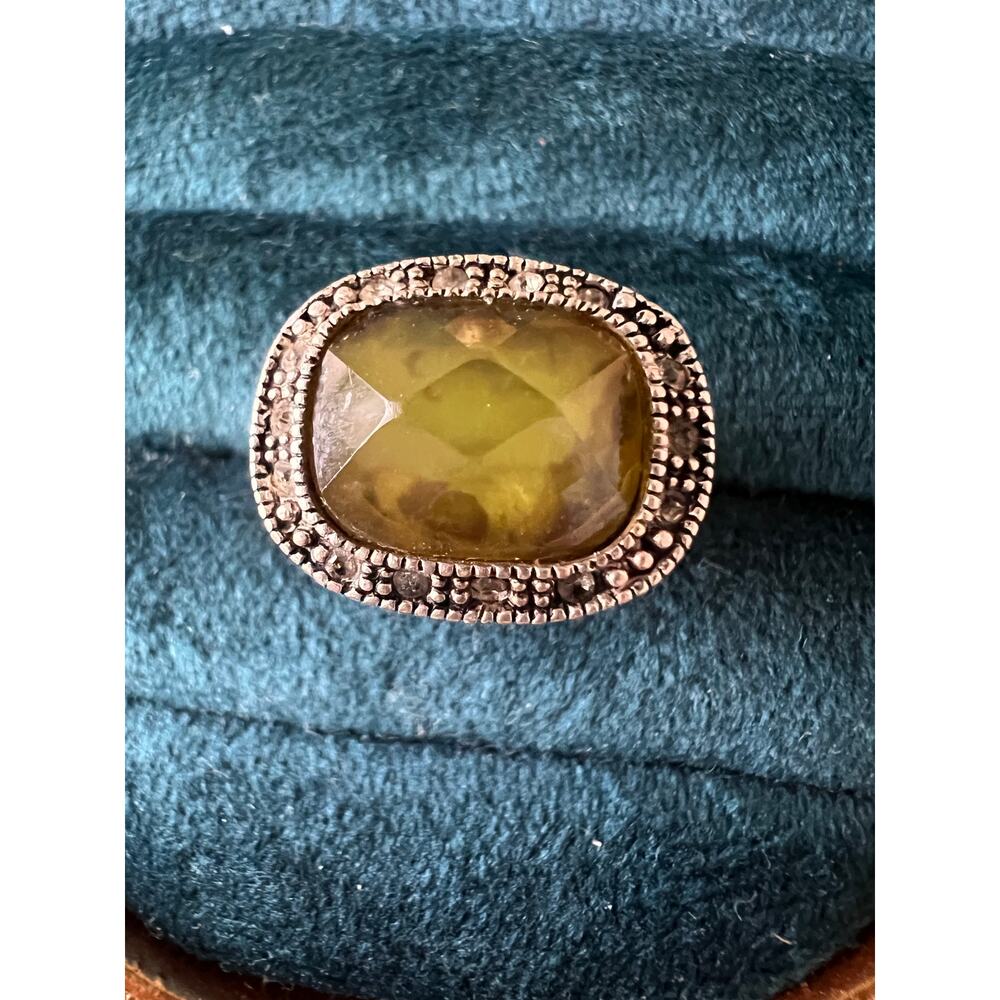 Signed LC Green Faceted Stone Ring Size 7 Boho Statement Tribal Style Abalone
